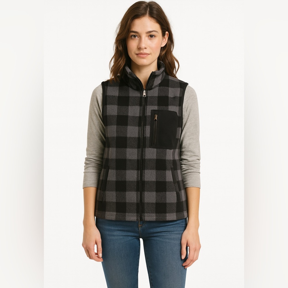 M Chaps Sport buffalo plaid black & gray fleece zip up collared vest Women’s